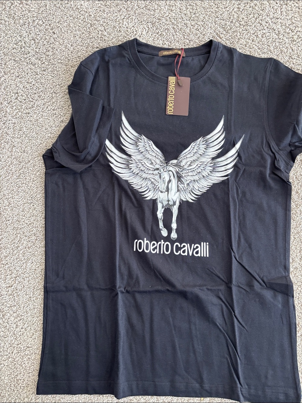 Roberto Cavalli Black Tee with White Winged Horse Graphic